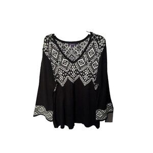 Romans V-neck Woman’s Sweater size 22/24 1X black Fair Isle pullover cozy tunic